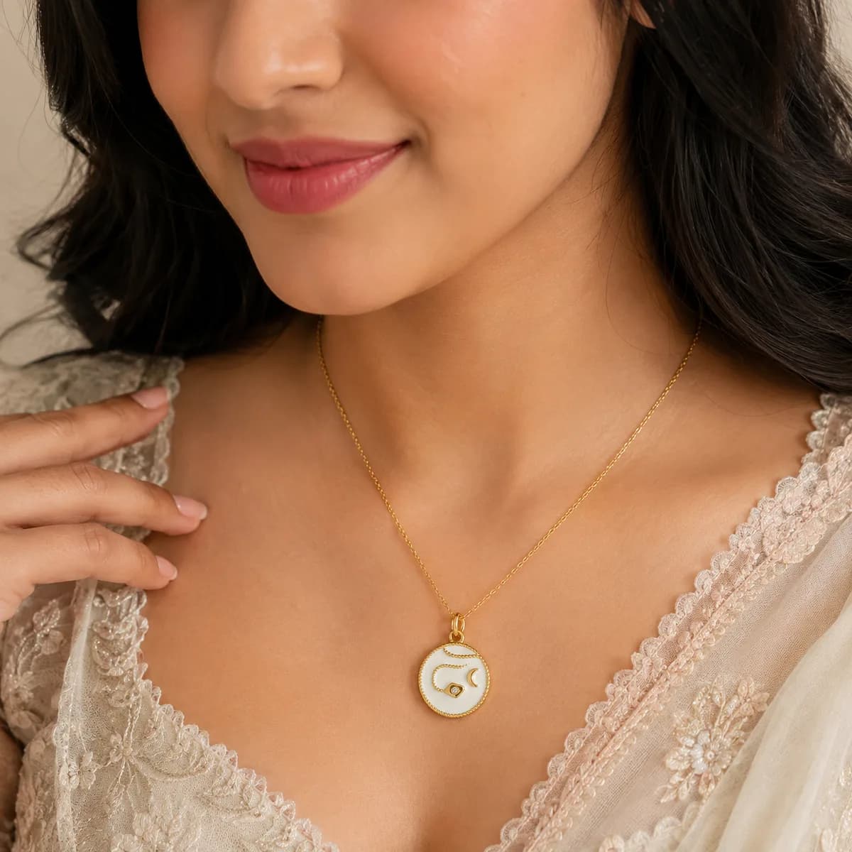 Model wearing Pearl Compass